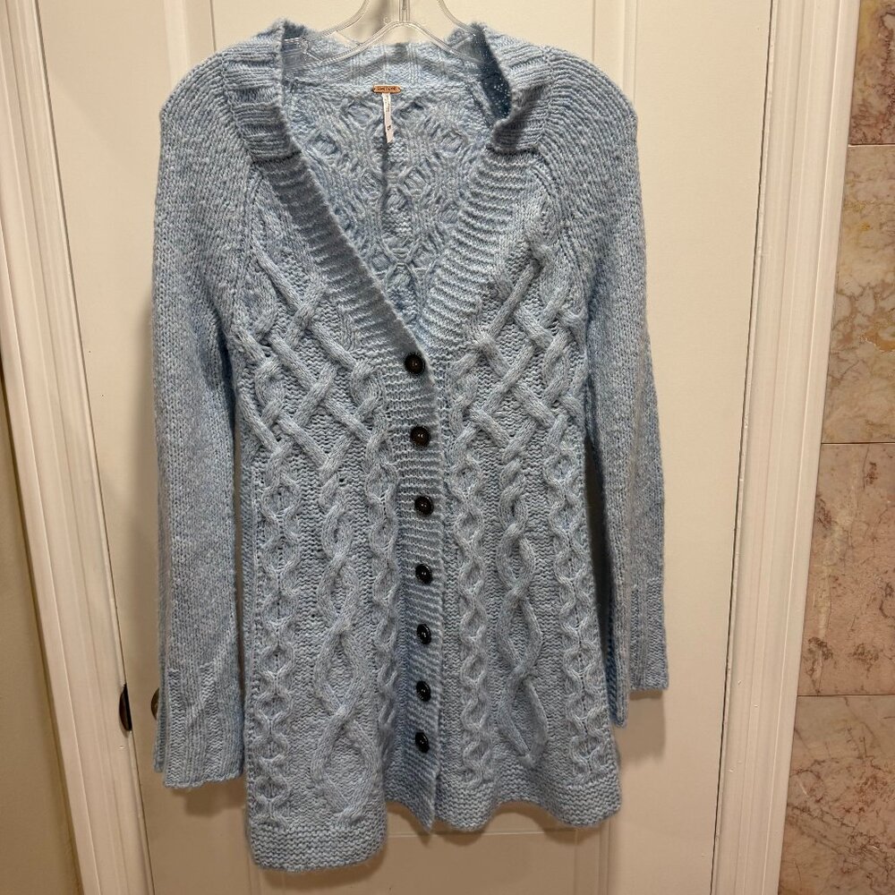Free People Light Blue Cable Knit Cardigan Sweater, Women's Size XS